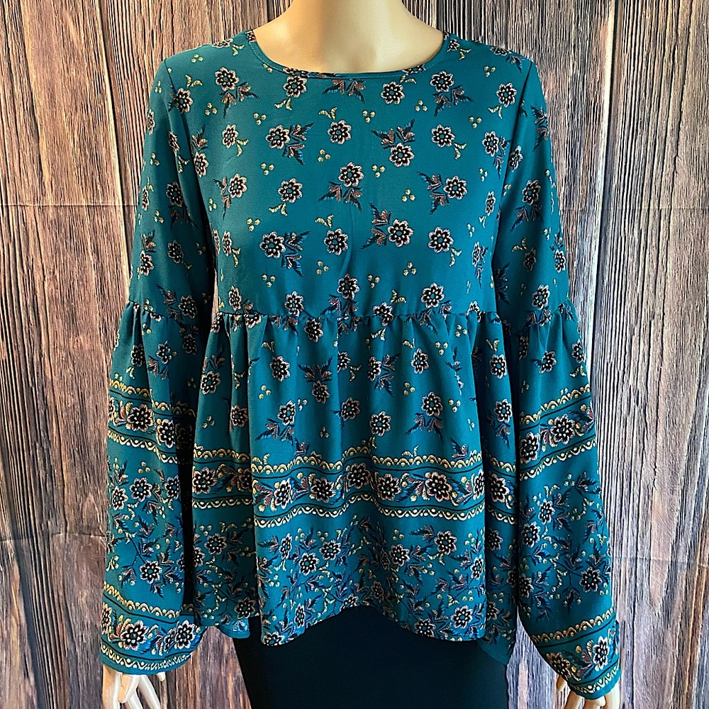 Altar’d State size small turquoise floral flowy boho long sleeve blouse